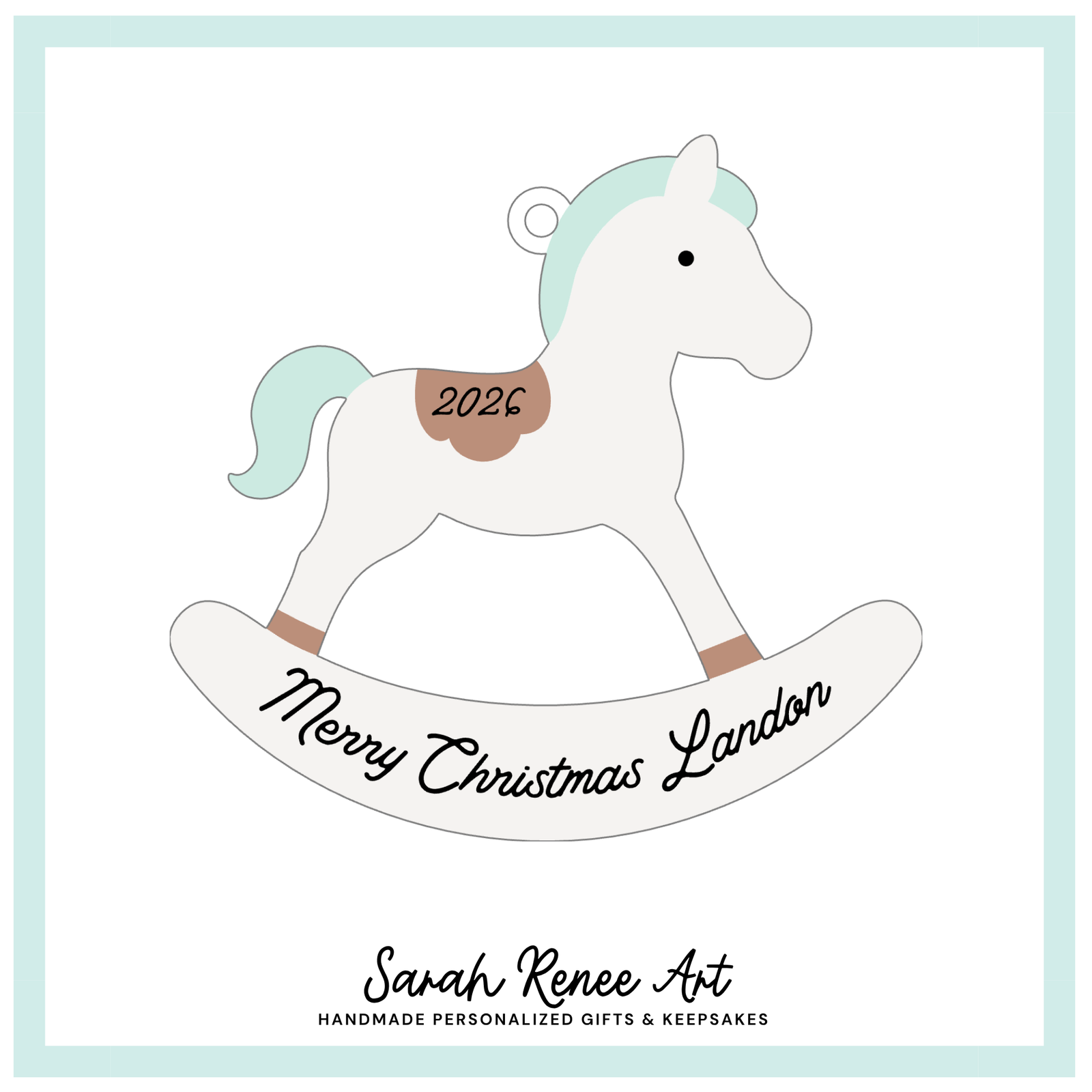a digital mockup of a rocking horse baby Christmas ornament