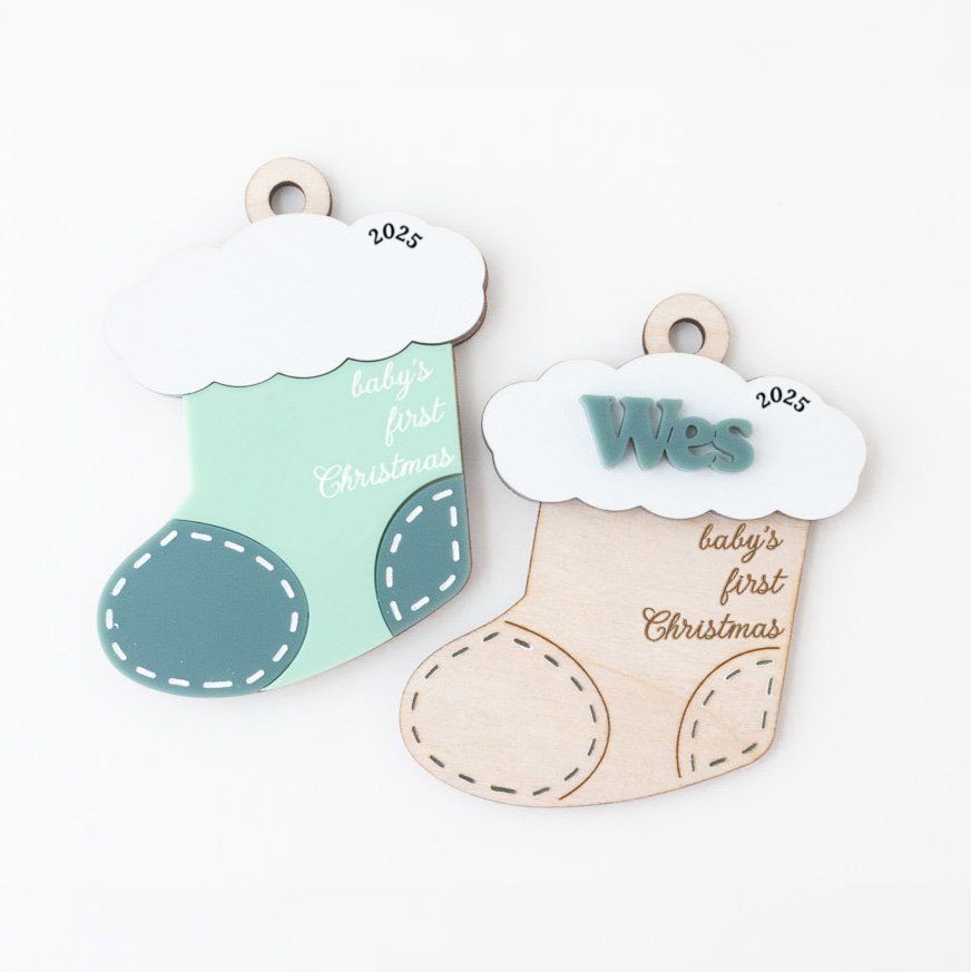 Personalized baby's first Christmas stocking ornaments in mint green and white with name and year